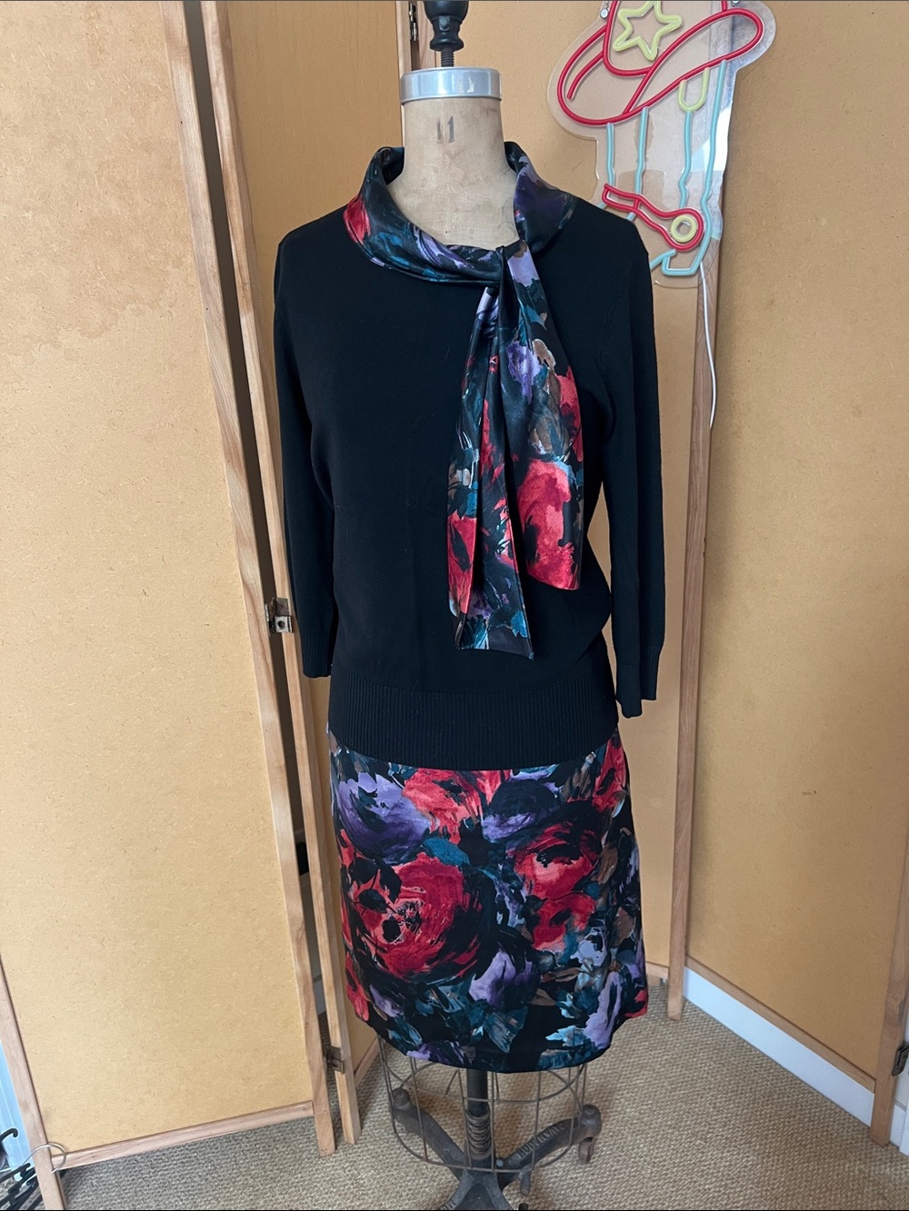 Red & Purple Floral Skirt with Matching Black Blouse with Faux Scarf Detail